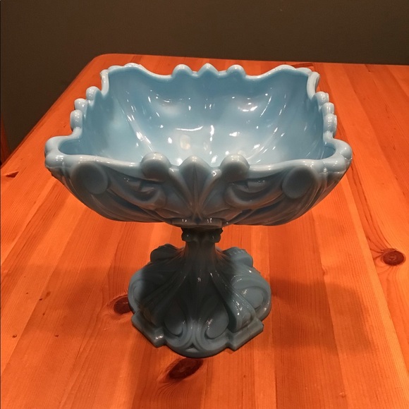 ANTIQUE FRENCH PORTIEUX VALLERYSTHAL BLUE OPALINE GLASS FOOTED COMPOTE GLOWY! - Picture 5 of 16